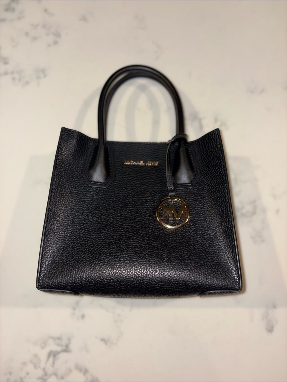 Michael Kors Black Pebbled Leather Mini Satchel with Gold Charm